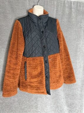 Madden Girl Two-Tone Quilted & Sherpa Jacket in Rust and Black